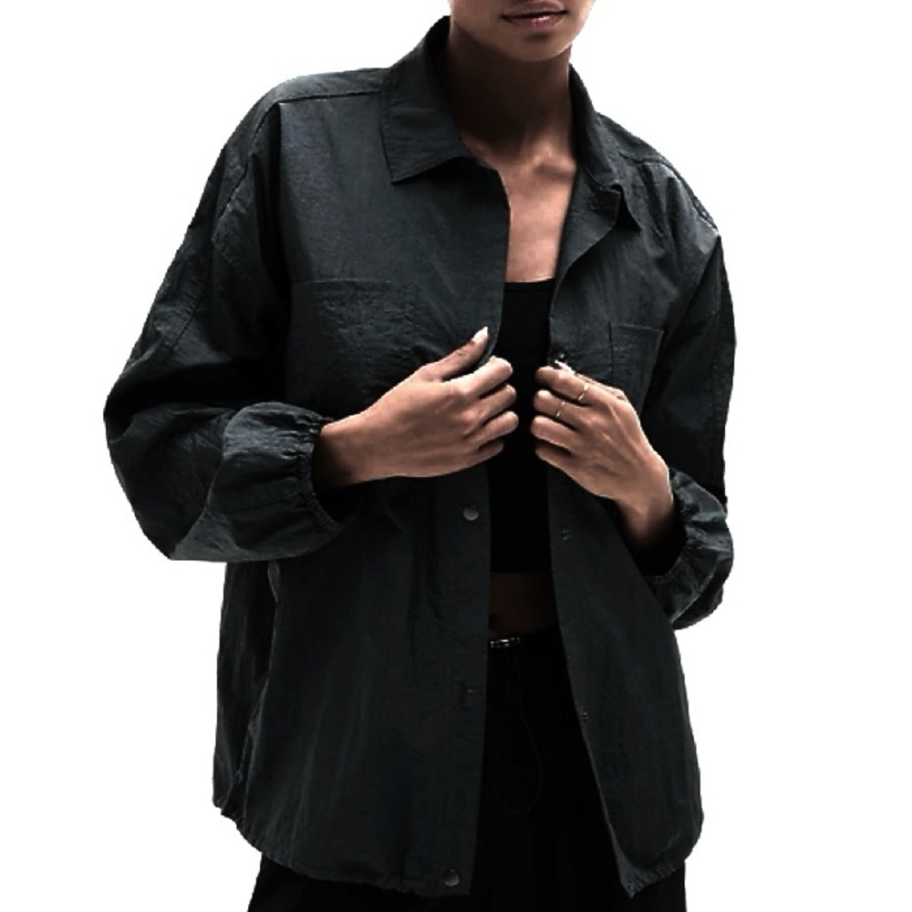 ATHLETA Lunar Sheen Snap Front Adjustable Hem Collared Shirt Black XL NEW NWOT
